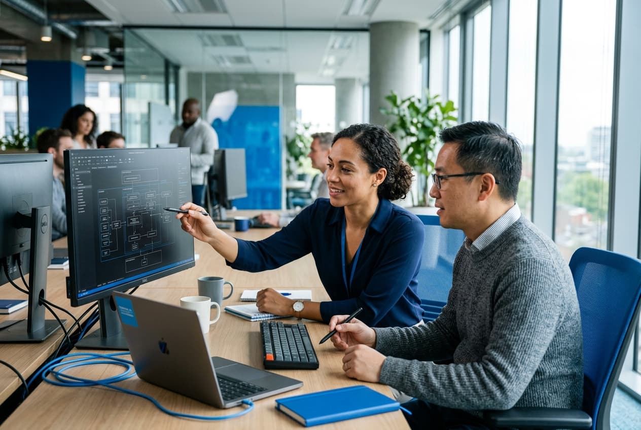Healthcare administration technology professionals reviewing patient scheduling dashboards
