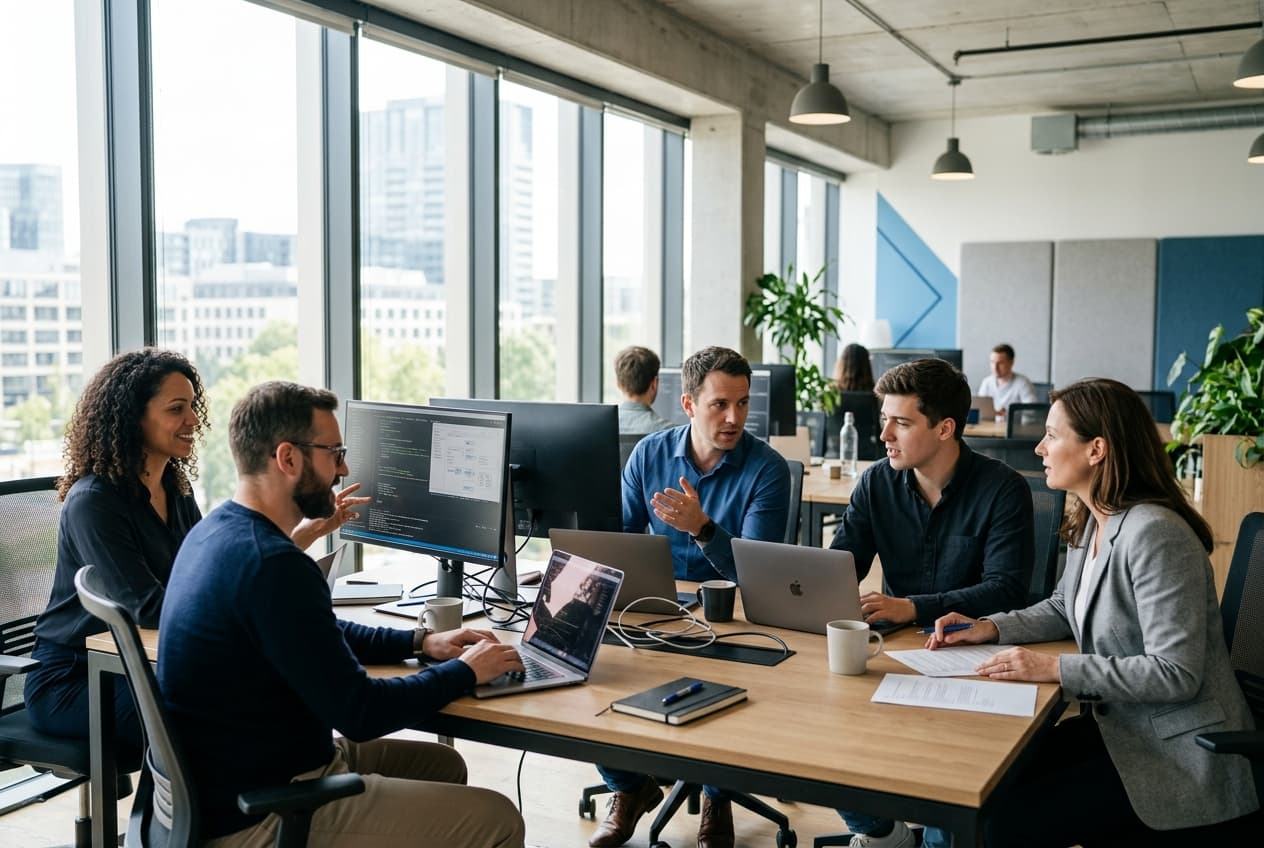 NovCleda Senior Software Engineering Team Collaborating in Office