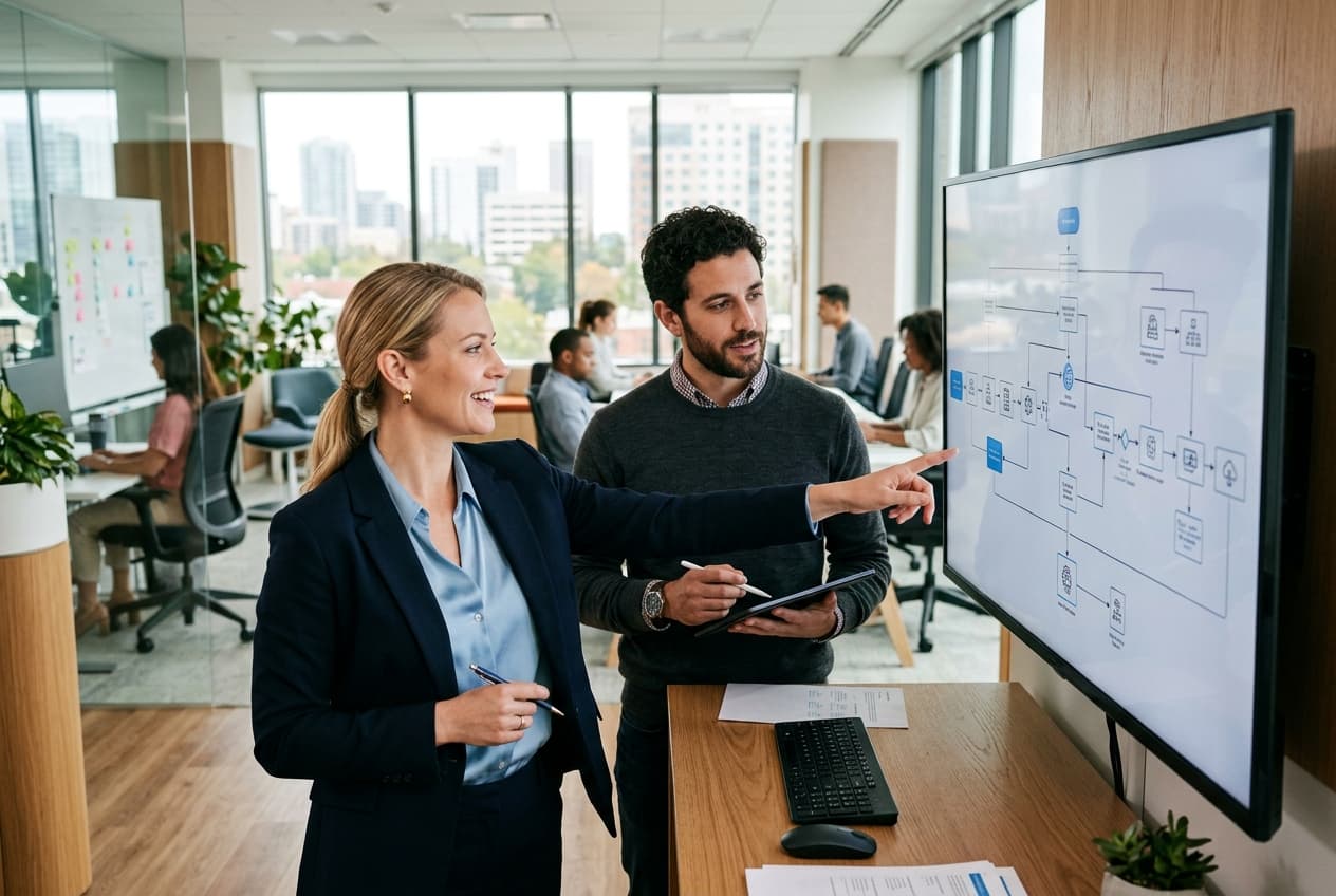 NovCleda operations manager and software automation engineer reviewing workflow diagrams on a large monitor