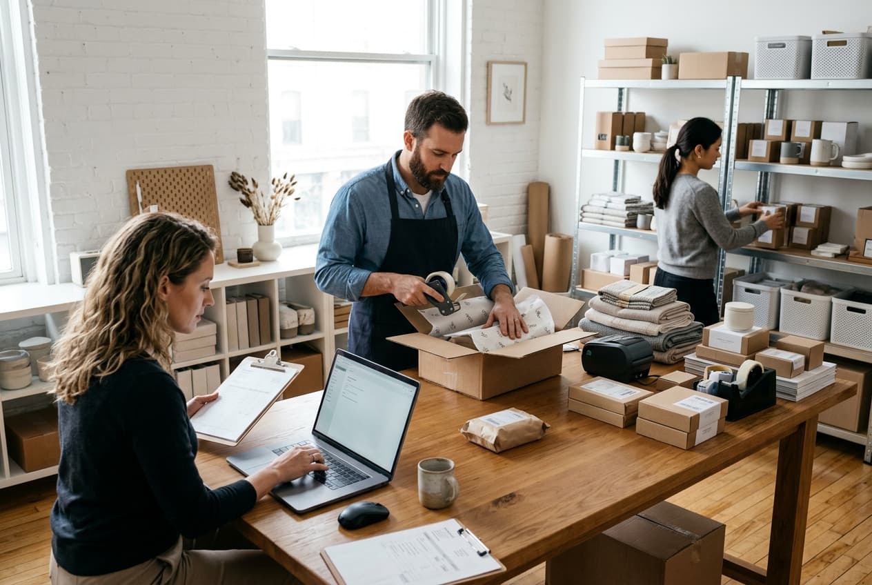 Small professional e-commerce operations team managing online product catalog, packaging, and order workflows in a studio