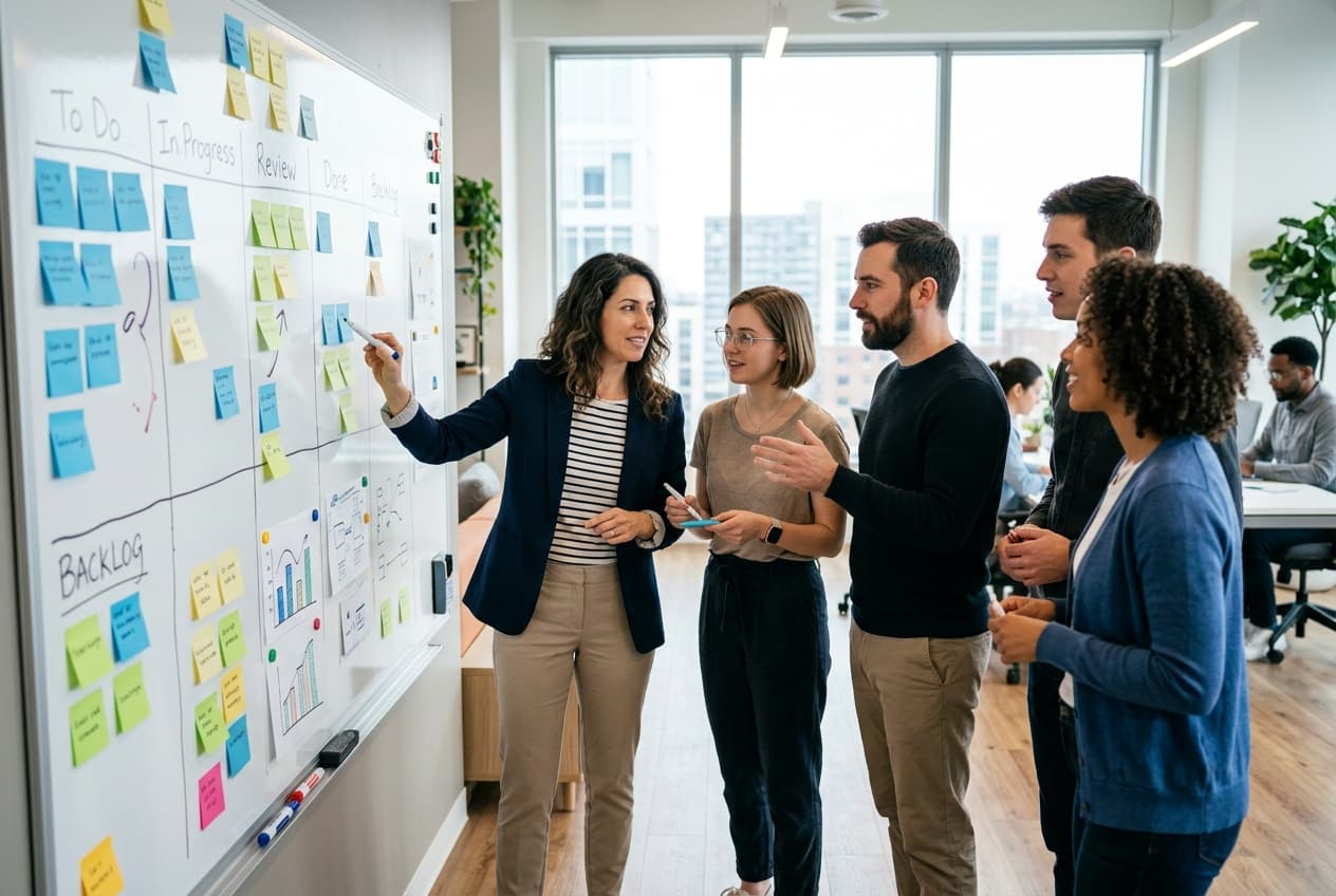 Product manager collaborating with designers and software engineers around a planning board