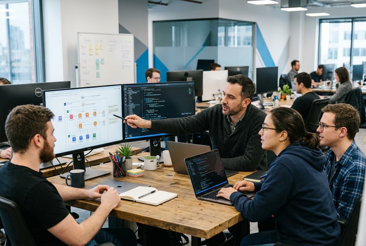 Software engineers and business leaders collaborating on a custom solution architecture
